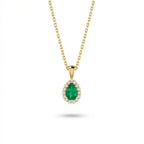 Aveline emerald halo pendant in solid yellow gold showcasing pear shaped emerald with surrounding round diamond halo