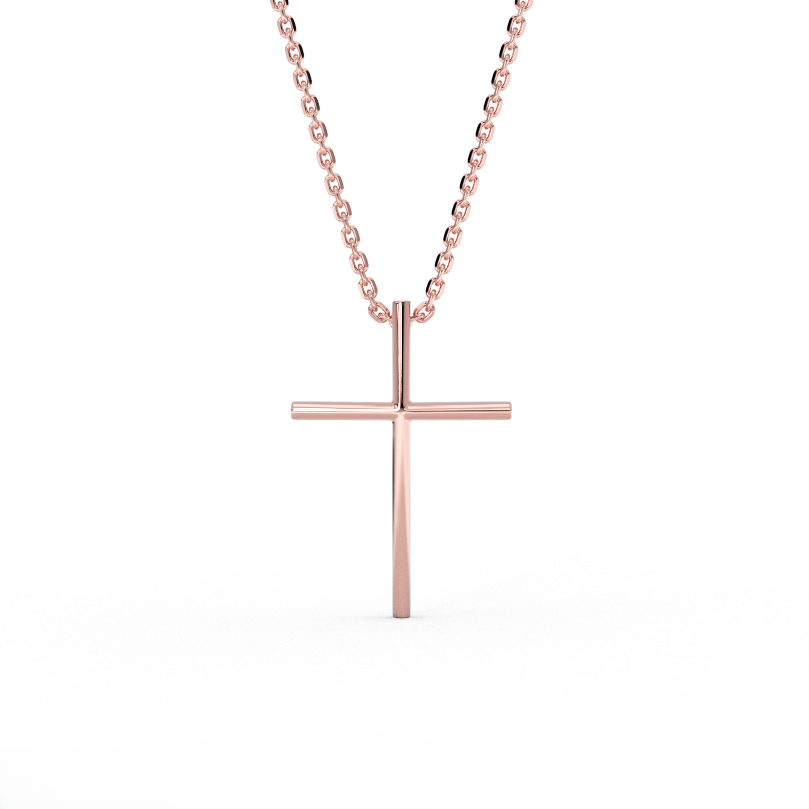 14K rose gold modern minimal cross necklace with high polish finish