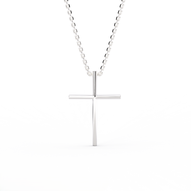 14K white gold Axis minimal cross necklace on white background