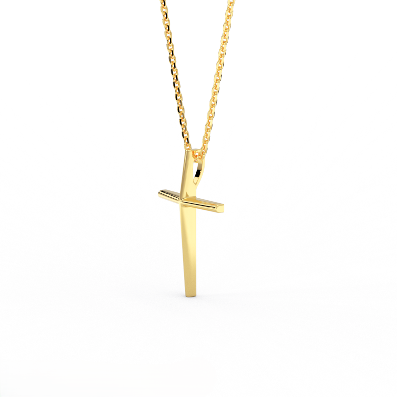 Angle view of 14K yellow gold minimal cross pendant showing tapered thickness