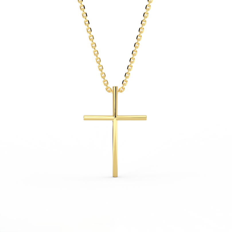 14K yellow gold minimalist cross pendant necklace with clean tapered design