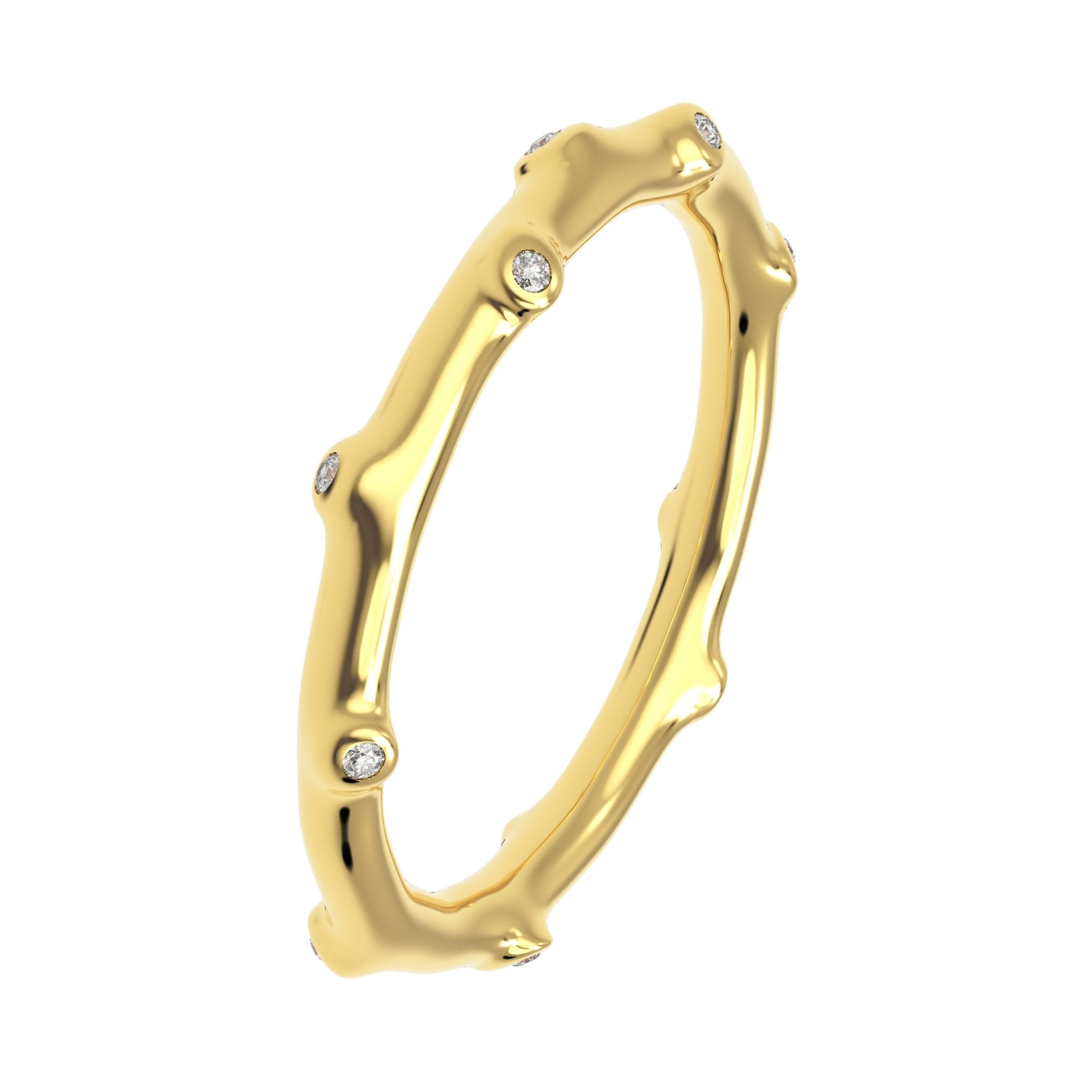 angled view of Bamboo Diamond Ring Gold showing bamboo-style design with sparkling diamonds.