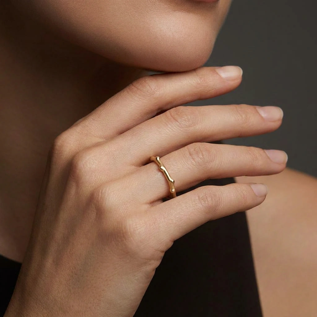 Bamboo gold ring in 14K rose gold stacked with plain band, lifestyle styling — Black Pearl of Queens