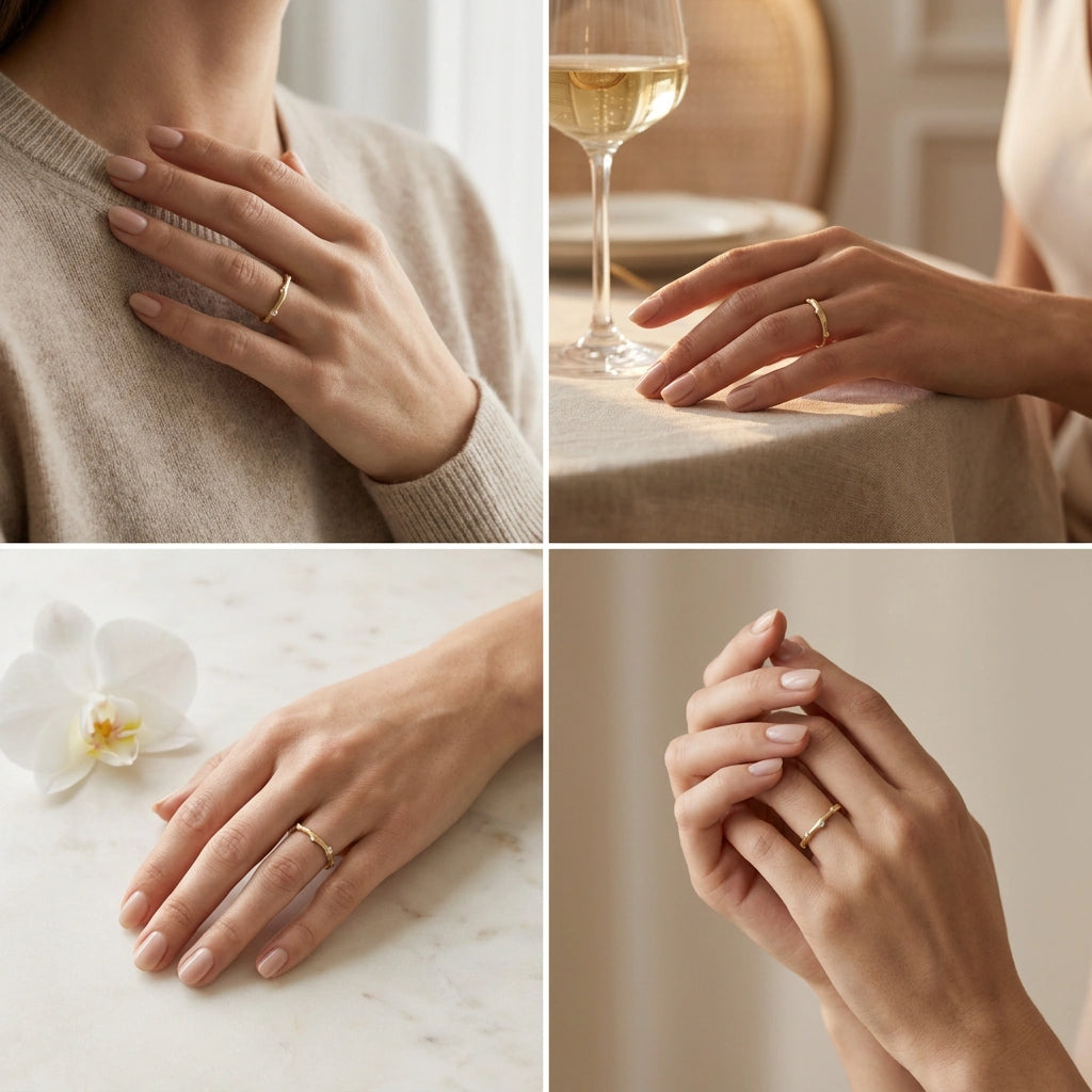 Bamboo Lab-Grown Diamond Ring in solid 14K gold stacked with plain band, styling view — Black Pearl of Queens