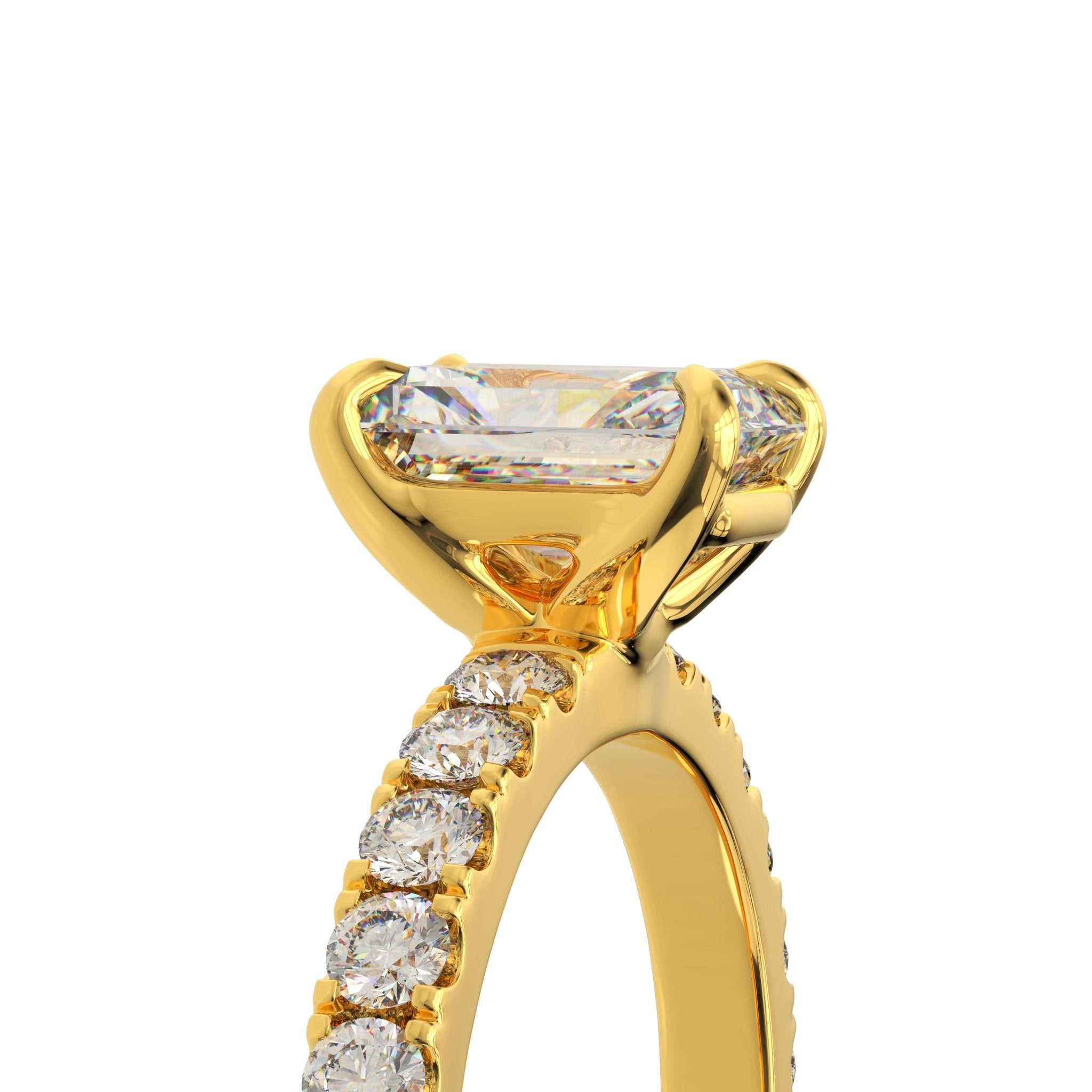 emerald cut engagement ring side profile showing pavé diamond band