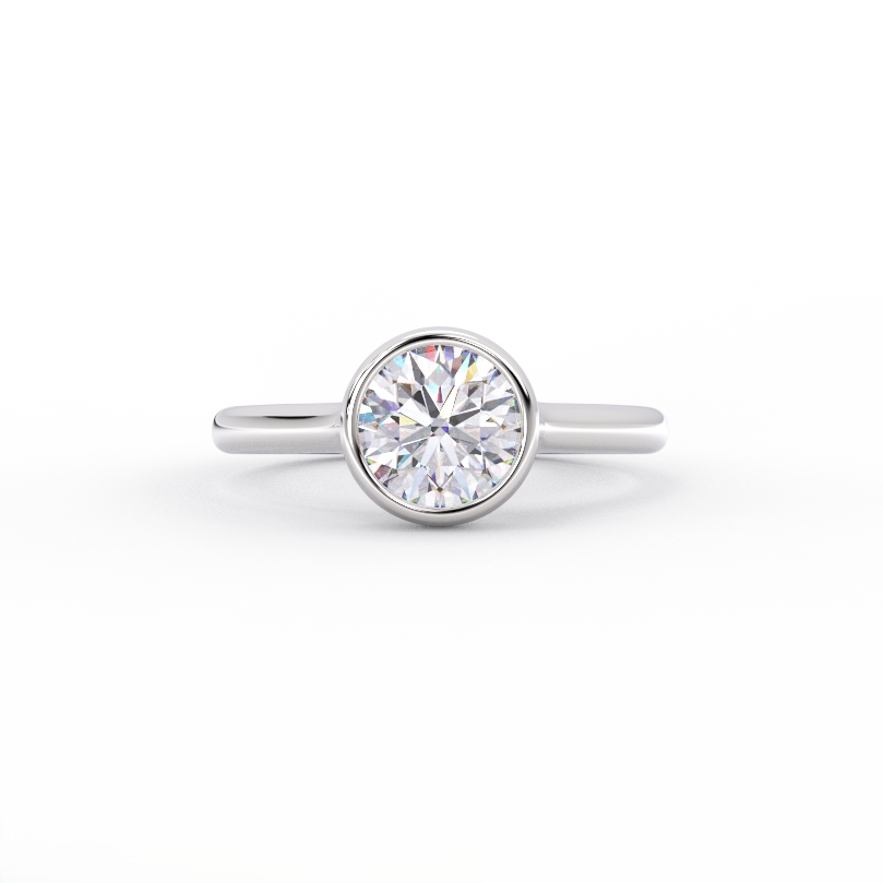 Bezel set round lab grown diamond solitaire ring in 14K white gold, front view