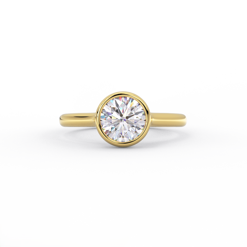 Bezel set round lab grown diamond solitaire ring in 14K yellow gold, front view