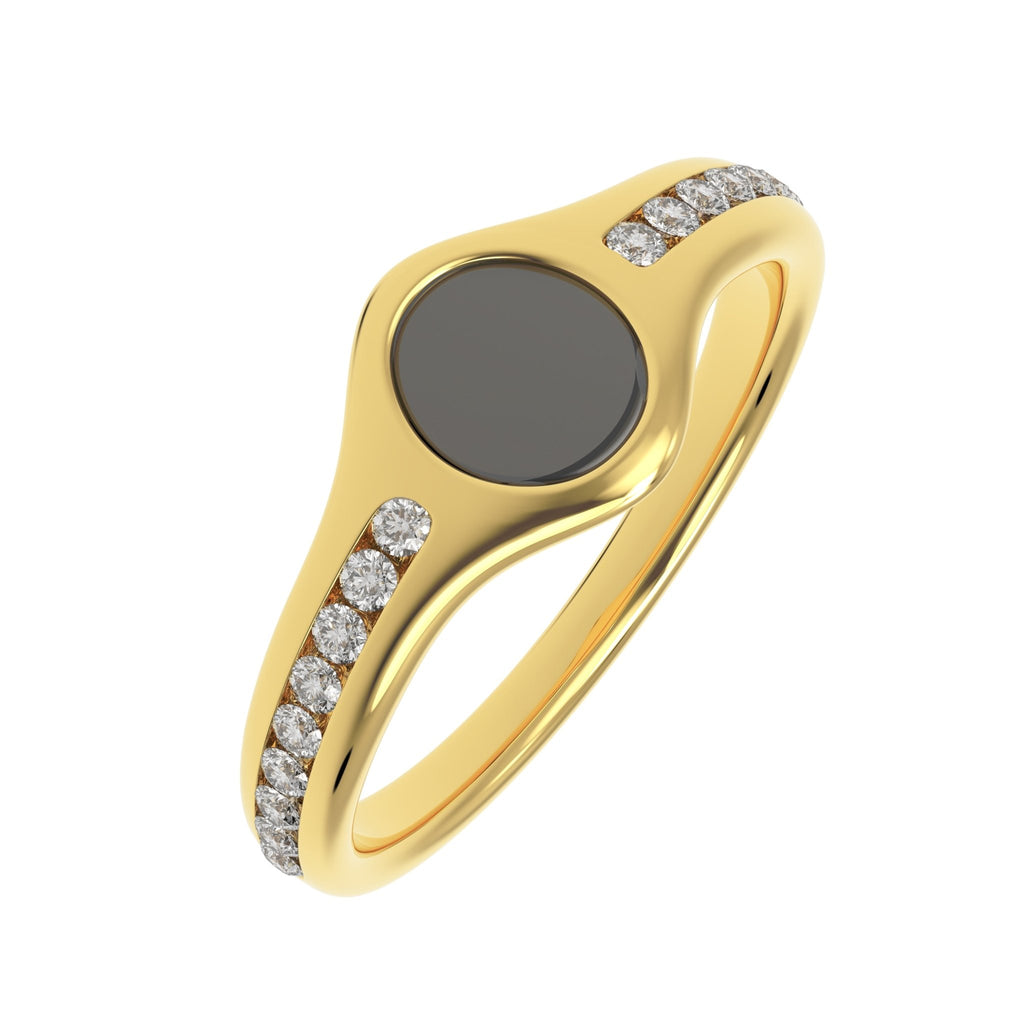 Black enamel diamond signet ring handcrafted in solid 14K gold, featuring channel-set diamonds and a polished finish by Black Pearl of Queens.