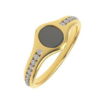Black enamel diamond signet ring handcrafted in solid 14K gold, featuring channel-set diamonds and a polished finish by Black Pearl of Queens.