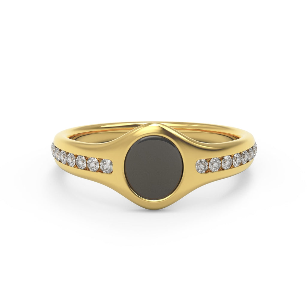 Black enamel diamond signet ring handcrafted in solid 14K gold, featuring channel-set diamonds and a polished finish by Black Pearl of Queens.