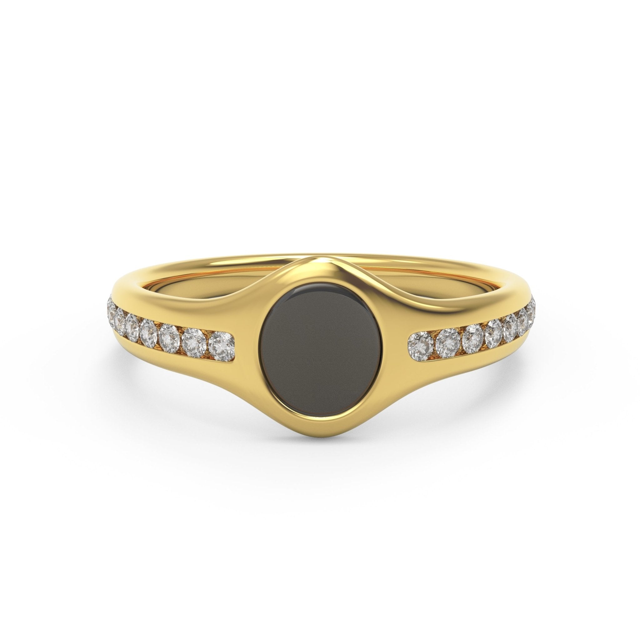 Black enamel diamond signet ring handcrafted in solid 14K gold, featuring channel-set diamonds and a polished finish by Black Pearl of Queens.