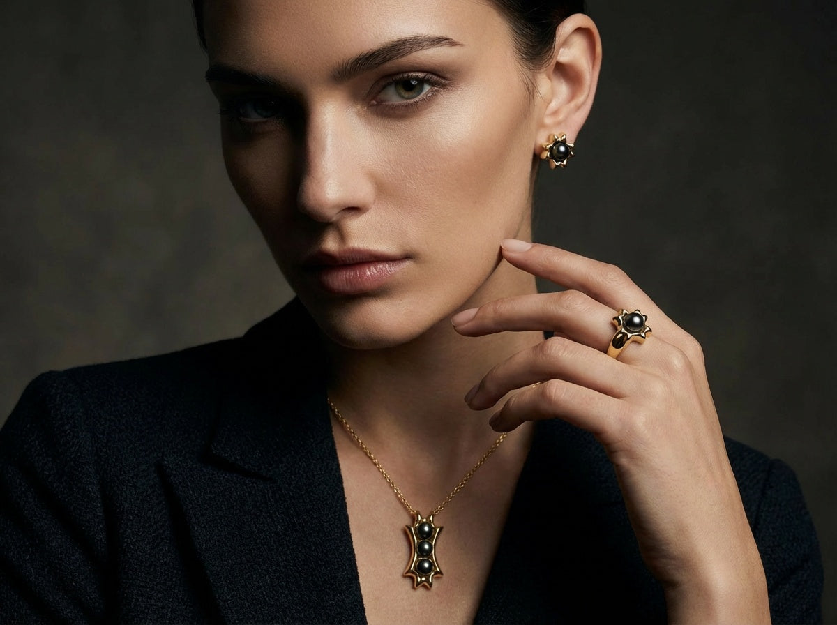 Noir collection image, woman earring set of signature jewelry