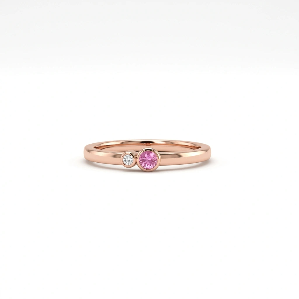 Blush duo ring with pink sapphire and diamond in 14k rose gold front view