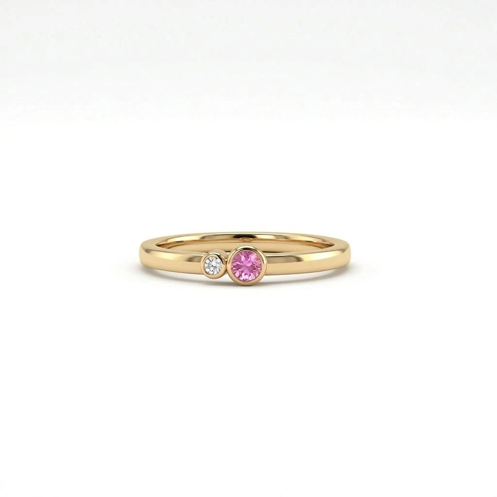 Pink sapphire and diamond bezel ring in solid 14k yellow gold minimalist design