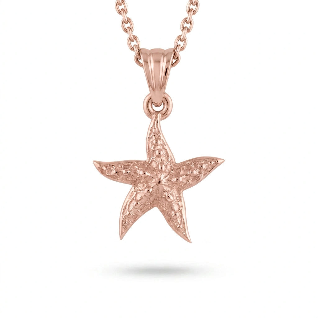 14K rose gold starfish necklace with a hand-textured pendant on a cable chain, front view — Black Pearl of Queens
