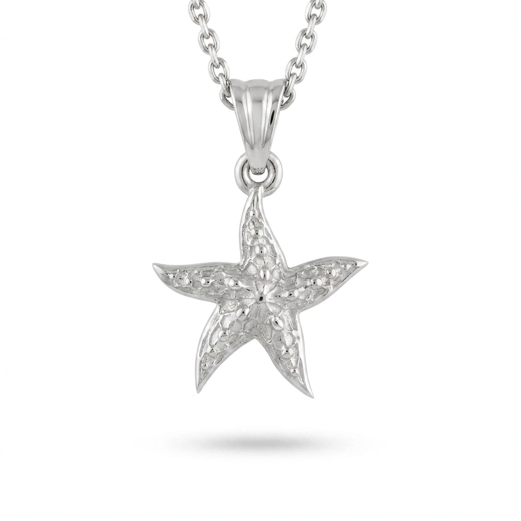 14K white gold starfish necklace with a hand-textured pendant on a cable chain, front view — Black Pearl of Queens