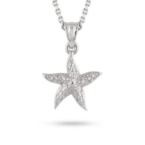 14K white gold starfish necklace with a hand-textured pendant on a cable chain, front view — Black Pearl of Queens