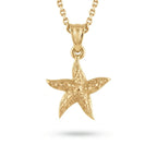 14K yellow gold starfish necklace with a hand-textured pendant on a cable chain, front view — Black Pearl of Queens