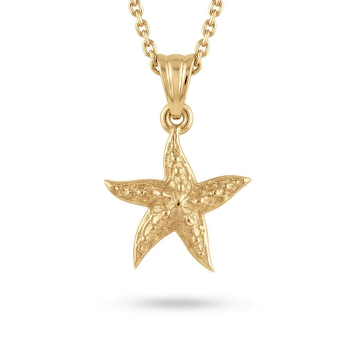 14K yellow gold starfish necklace with a hand-textured pendant on a cable chain, front view — Black Pearl of Queens