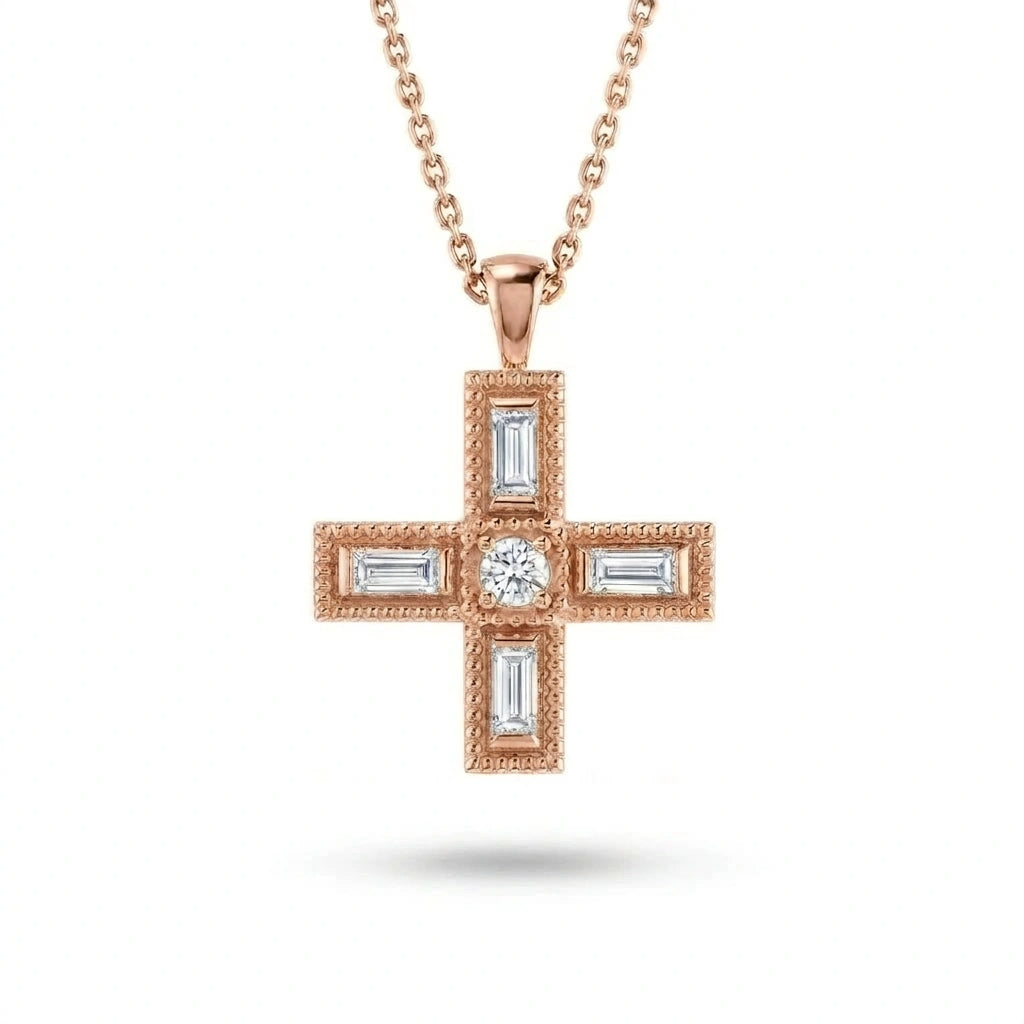 Baguette Lab-Grown Diamond Greek cross pendant with a round center and milgrain edge in 14K rose gold on a cable chain, front view — Black Pearl of Queens