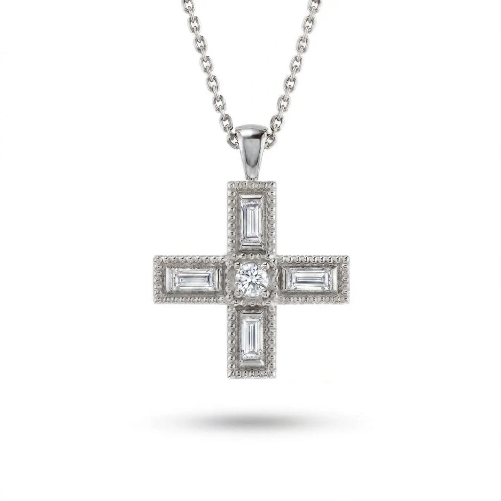 Baguette Lab-Grown Diamond Greek cross pendant with a round center and milgrain edge in 14K white gold on a cable chain, front view — Black Pearl of Queens