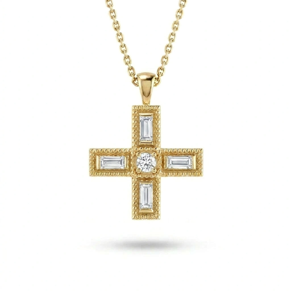 Baguette Lab-Grown Diamond Greek cross pendant with a round center and milgrain edge in 14K yellow gold on a cable chain, front view — Black Pearl of Queens