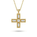 Baguette Lab-Grown Diamond Greek cross pendant with a round center and milgrain edge in 14K yellow gold on a cable chain, front view — Black Pearl of Queens