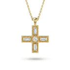 Baguette Lab-Grown Diamond Greek cross pendant with a round center and milgrain edge in 14K yellow gold on a cable chain, front view — Black Pearl of Queens