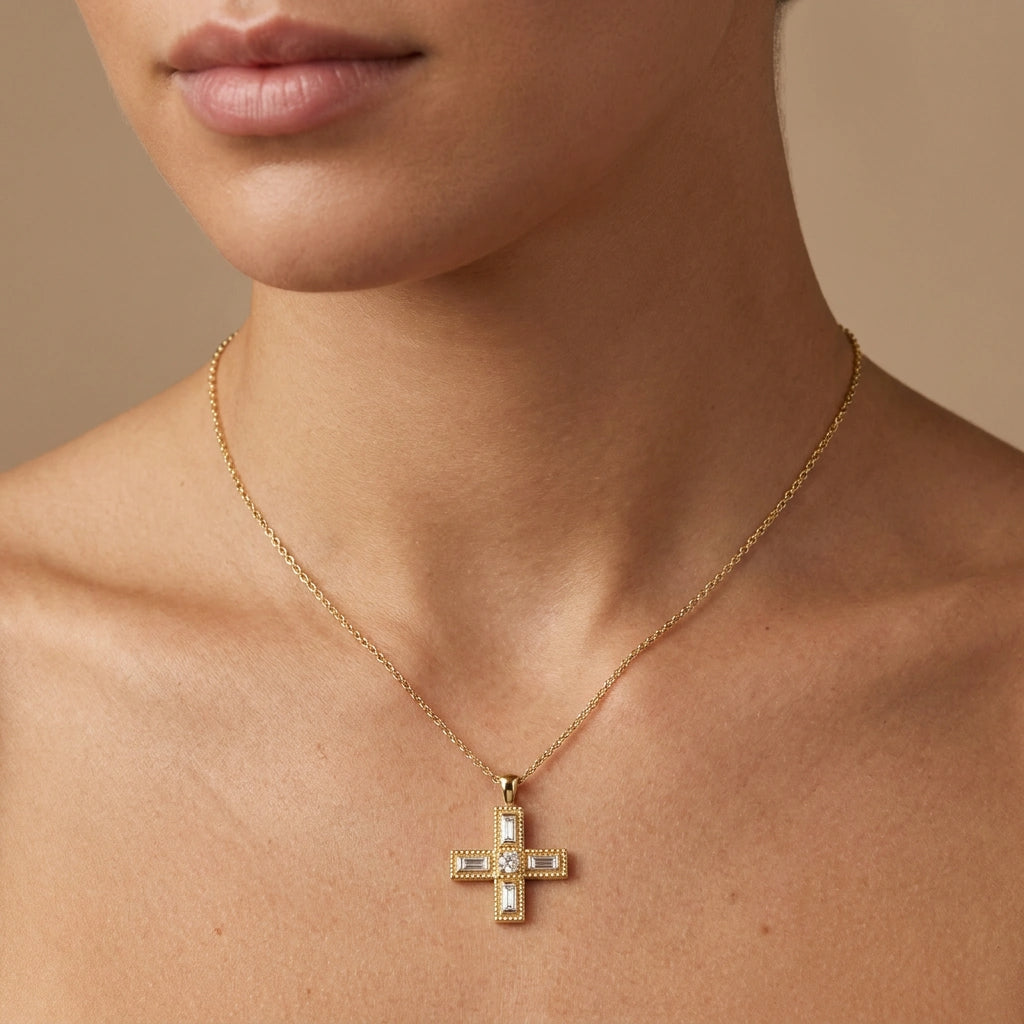 Model wearing a baguette Lab-Grown Diamond Greek cross pendant in 14K yellow gold on an adjustable chain — Black Pearl of Queens