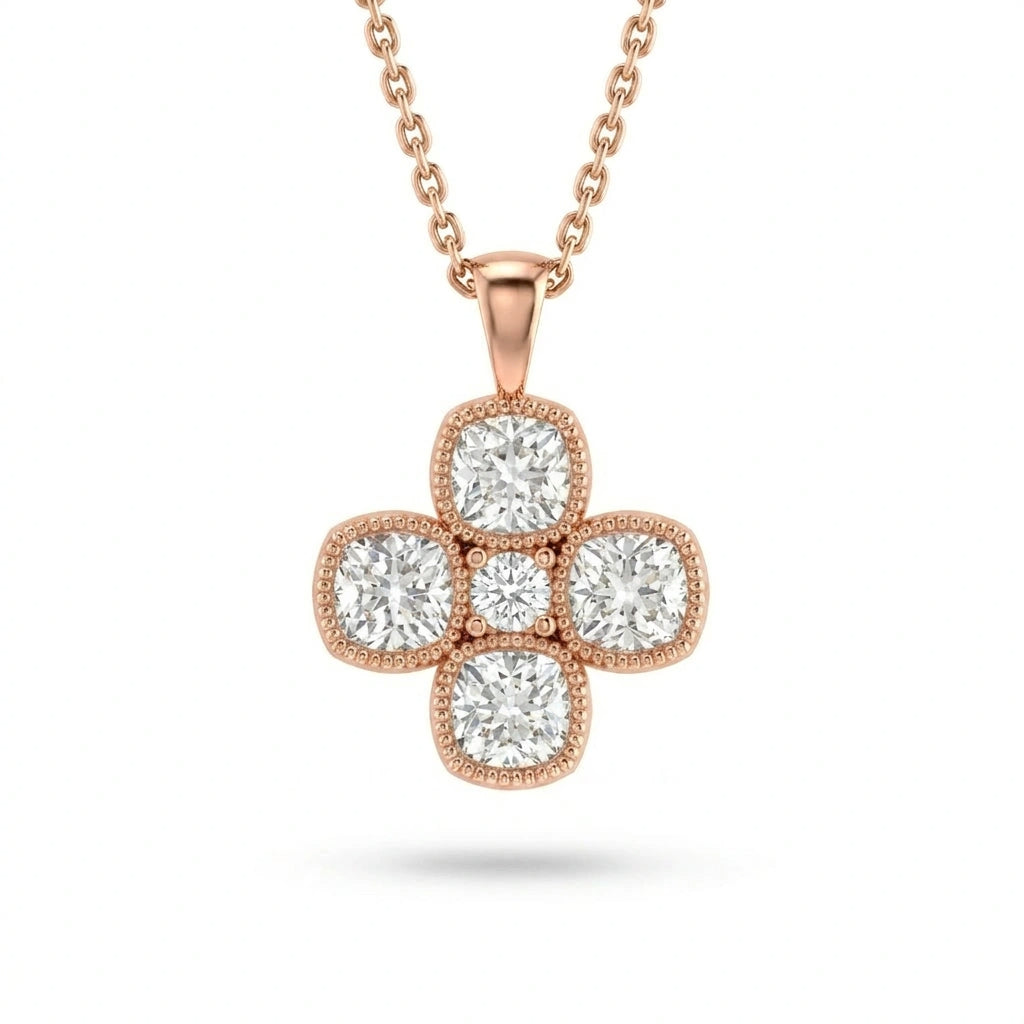 Cushion-cut Lab-Grown Diamond clover pendant with a round center and milgrain edge in 14K rose gold on a cable chain, front view — Black Pearl of Queens