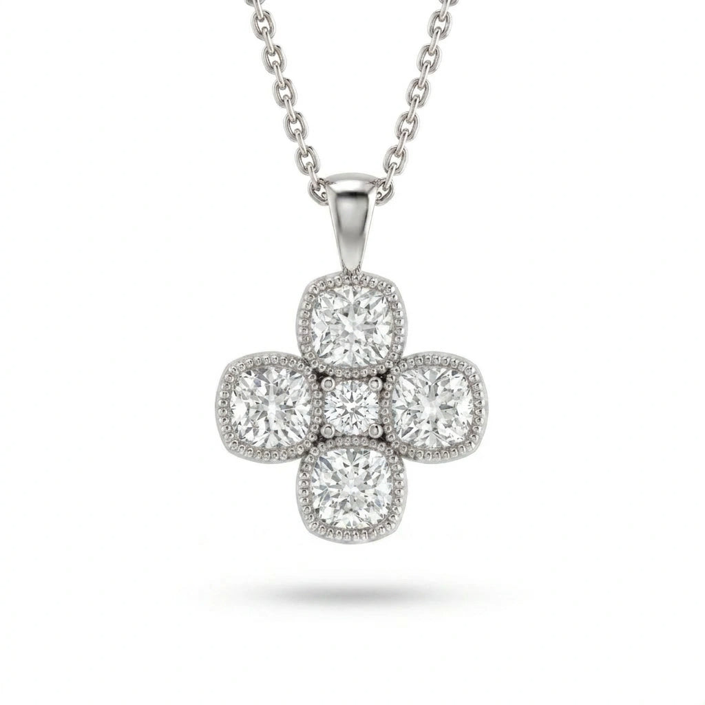 Cushion-cut Lab-Grown Diamond clover pendant with a round center and milgrain edge in 14K white gold on a cable chain, front view — Black Pearl of Queens