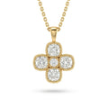 Cushion-cut Lab-Grown Diamond clover pendant with a round center and milgrain edge in 14K yellow gold on a cable chain, front view — Black Pearl of Queens