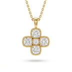 Cushion-cut Lab-Grown Diamond clover pendant with a round center and milgrain edge in 14K yellow gold on a cable chain, front view — Black Pearl of Queens