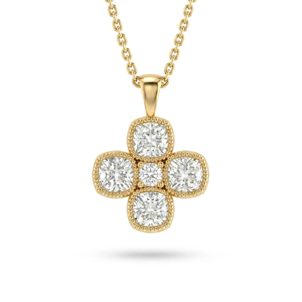 Cushion-cut Lab-Grown Diamond clover pendant with a round center and milgrain edge in 14K yellow gold on a cable chain, front view — Black Pearl of Queens