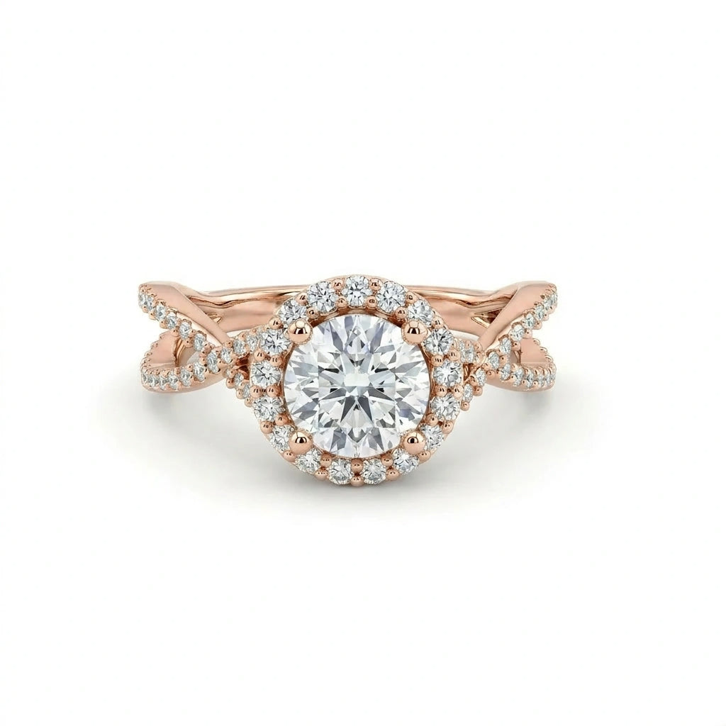 1ct Lab-Grown Diamond halo engagement ring, 1.4ct total weight, in 14K rose gold with a twisted pavé split shank, front view — Black Pearl of Queens