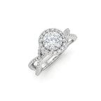 1ct Lab-Grown Diamond halo engagement ring, 1.4ct total weight, in 14K white gold, three-quarter angle showing the interwoven diamond band — Black Pearl of Queens