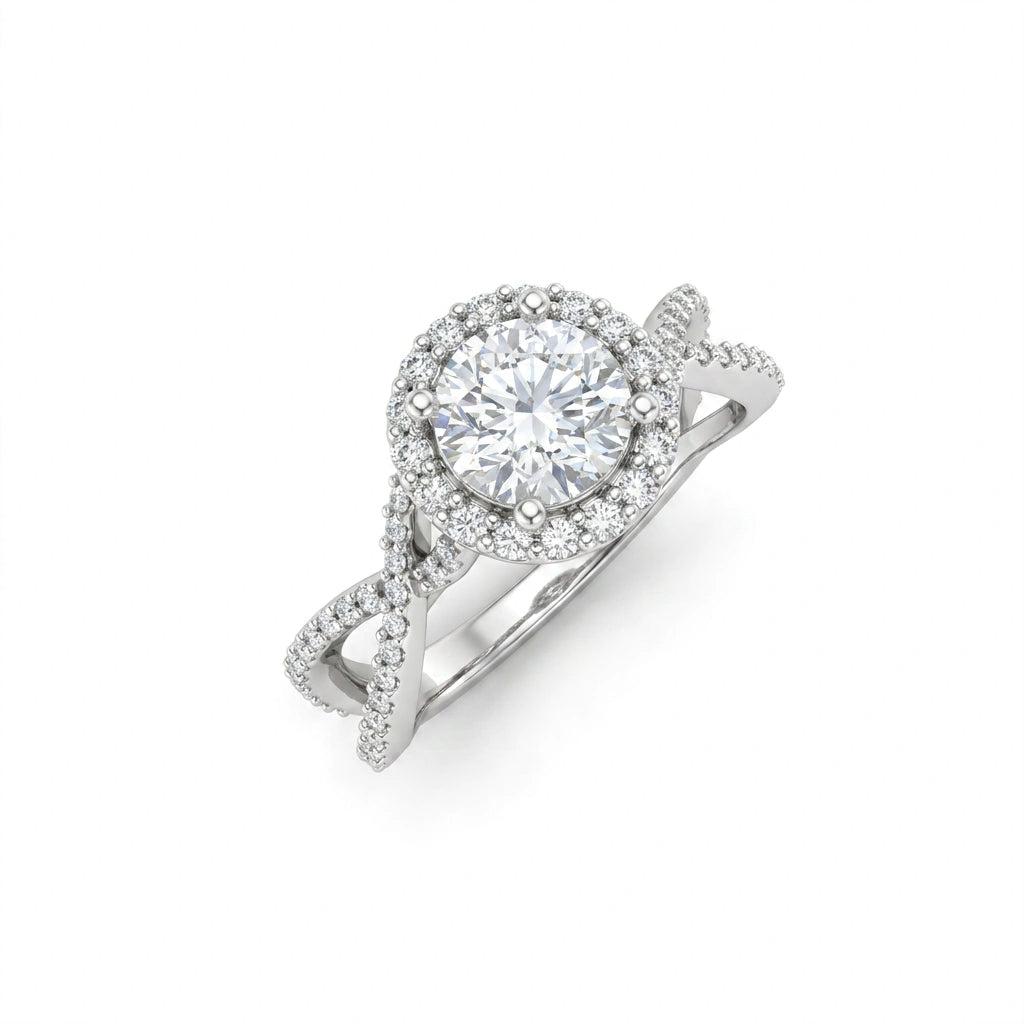 1ct Lab-Grown Diamond halo engagement ring, 1.4ct total weight, in 14K white gold, three-quarter angle showing the interwoven diamond band — Black Pearl of Queens
