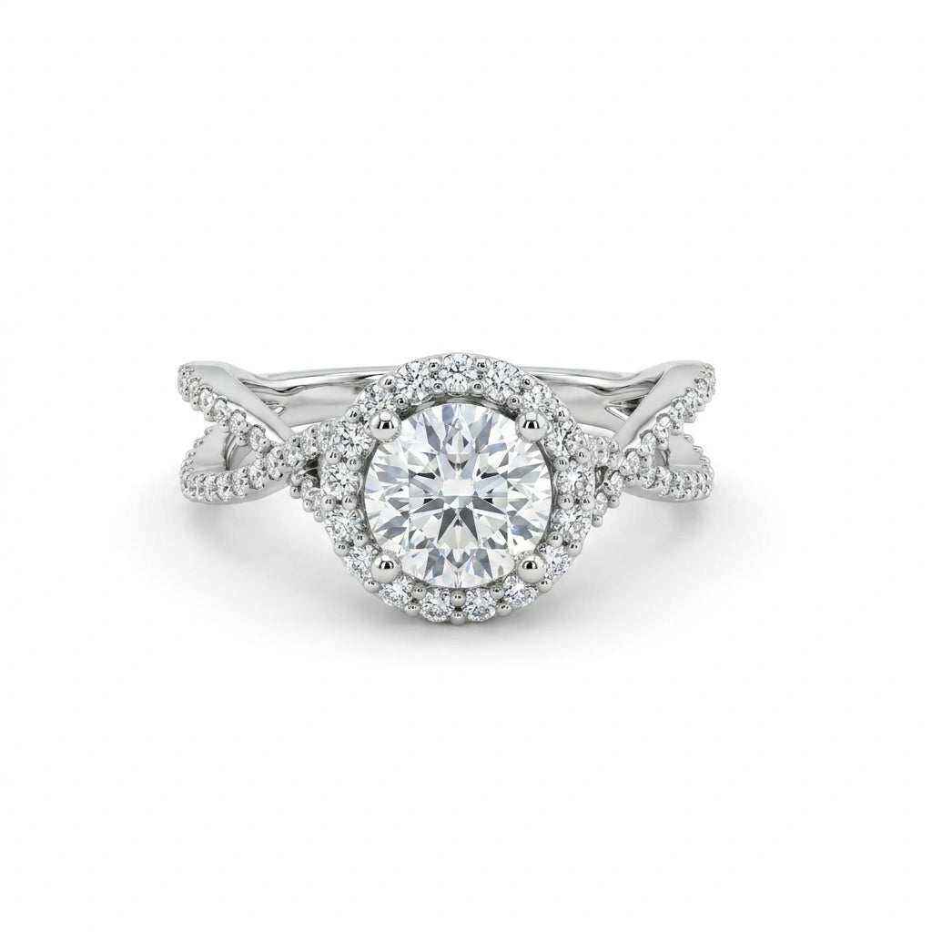 1ct Lab-Grown Diamond halo engagement ring, 1.4ct total weight, in 14K white gold with a twisted pavé split shank, front view — Black Pearl of Queens