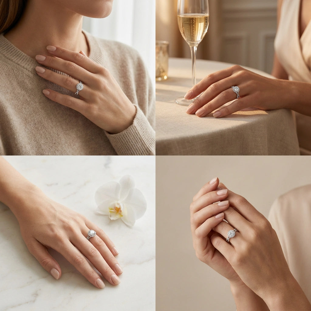 1ct Lab-Grown Diamond halo engagement ring (1.4ct total weight) in 14K white gold shown on the hand in four lifestyle settings — Black Pearl of Queens