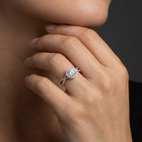Model wearing a 1ct Lab-Grown Diamond halo engagement ring (1.4ct total weight) in 14K white gold on the hand — Black Pearl of Queens