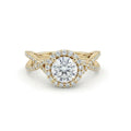 1ct Lab-Grown Diamond halo engagement ring, 1.4ct total weight, in 14K yellow gold with a twisted pavé split shank, front view — Black Pearl of Queens
