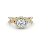 1ct Lab-Grown Diamond halo engagement ring, 1.4ct total weight, in 14K yellow gold with a twisted pavé split shank, front view — Black Pearl of Queens