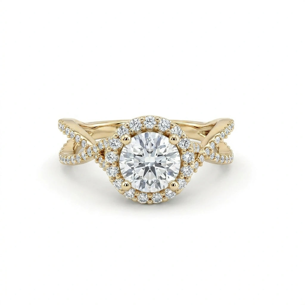 1ct Lab-Grown Diamond halo engagement ring, 1.4ct total weight, in 14K yellow gold with a twisted pavé split shank, front view — Black Pearl of Queens