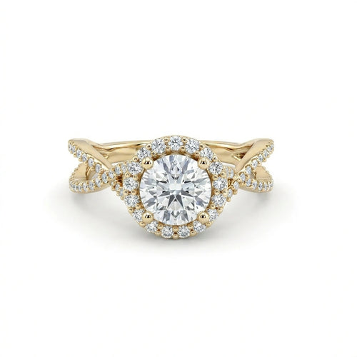 1ct Lab-Grown Diamond halo engagement ring, 1.4ct total weight, in 14K yellow gold with a twisted pavé split shank, front view — Black Pearl of Queens