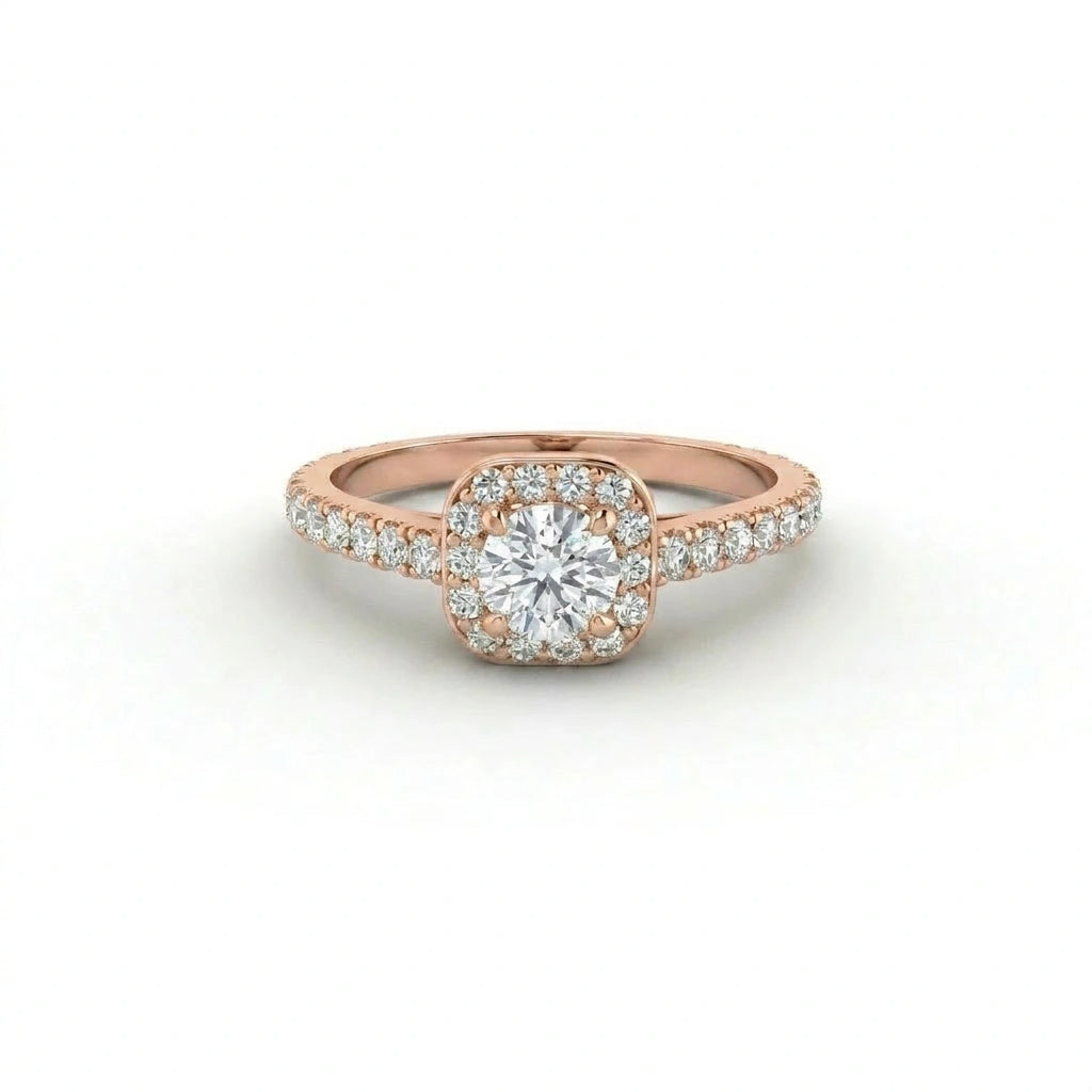 Round Lab-Grown Diamond pavé halo engagement ring in 14K rose gold, front view — Black Pearl of Queens