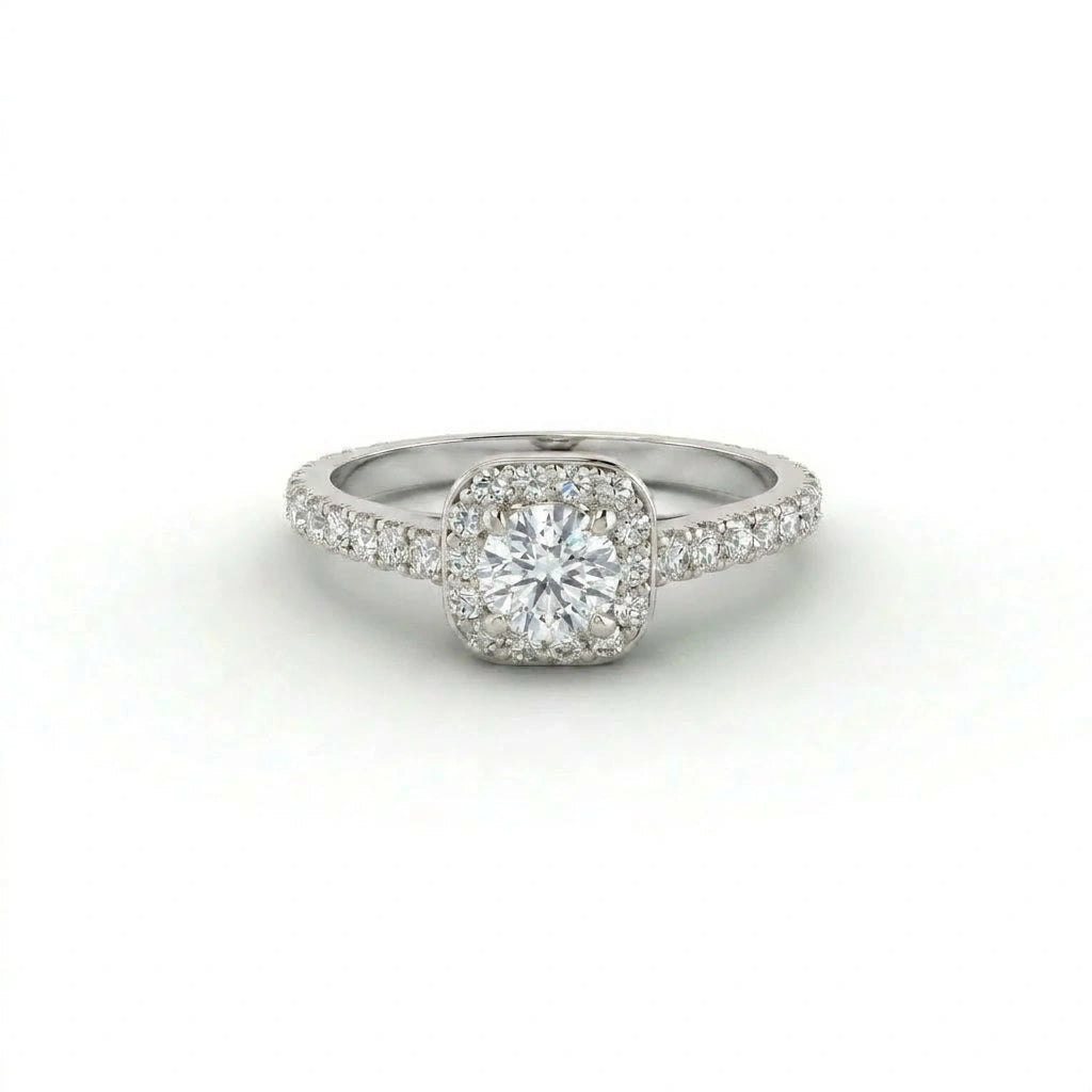 Round Lab-Grown Diamond pavé halo engagement ring in 14K white gold, front view — Black Pearl of Queens