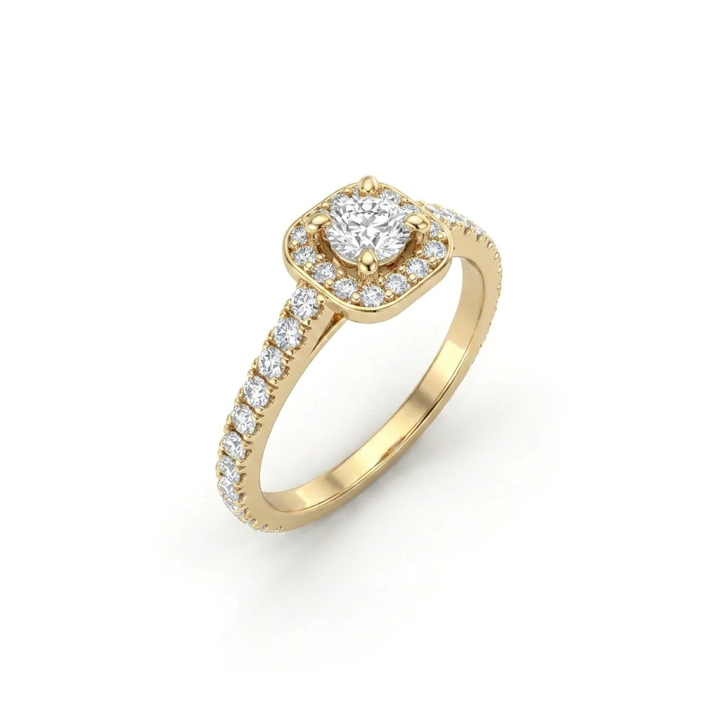 Round Lab-Grown Diamond pavé halo engagement ring in 14K yellow gold, three-quarter angle — Black Pearl of Queens