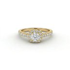 Round Lab-Grown Diamond pavé halo engagement ring in 14K yellow gold, front view — Black Pearl of Queens