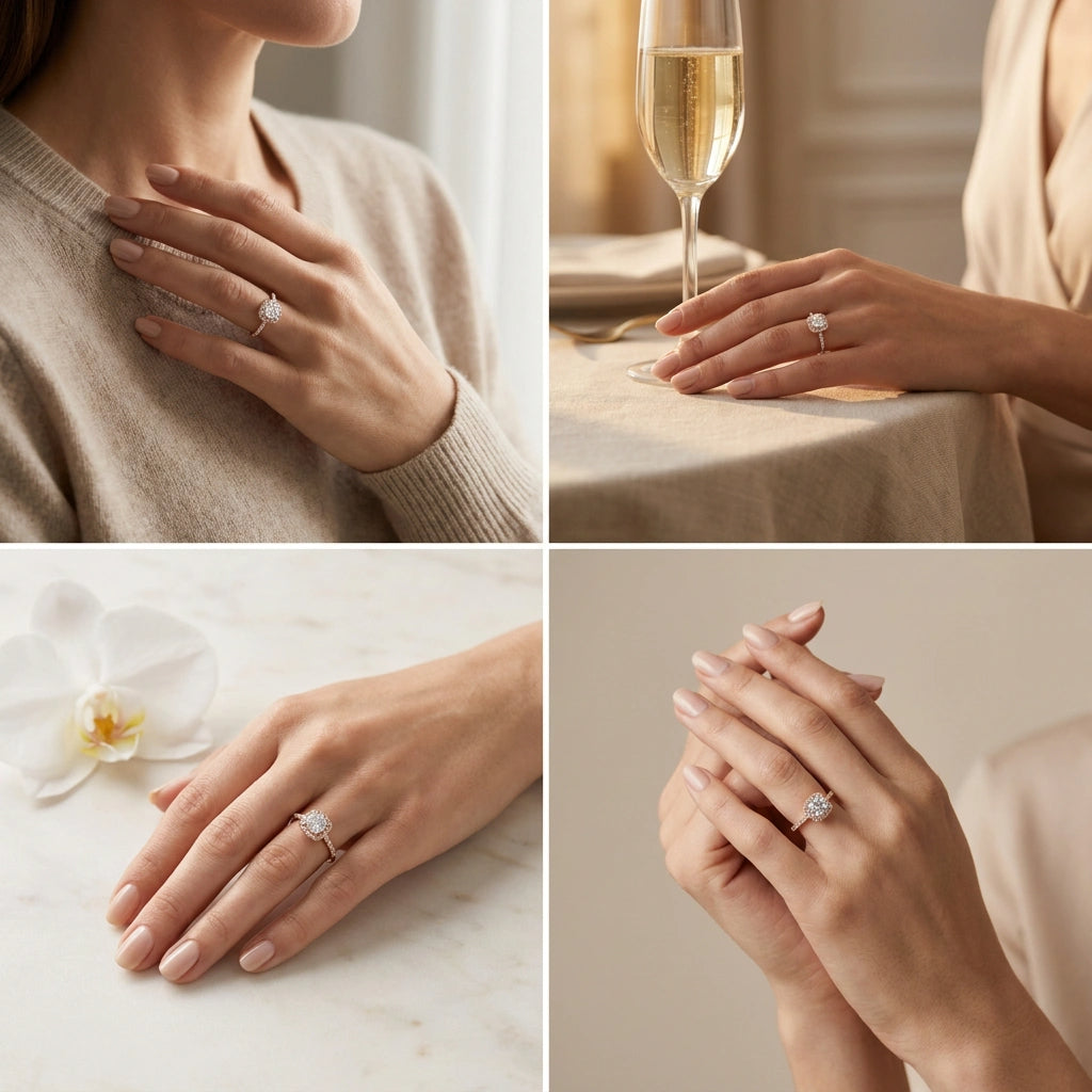 Round Lab-Grown Diamond pavé halo engagement ring shown on the hand in four lifestyle settings — Black Pearl of Queens