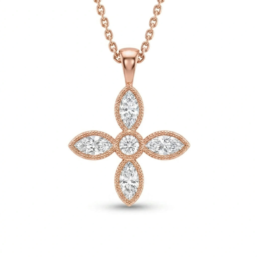 Marquise-cut Lab-Grown Diamond flower cross pendant with a round center and milgrain edge in 14K rose gold on a cable chain, front view — Black Pearl of Queens